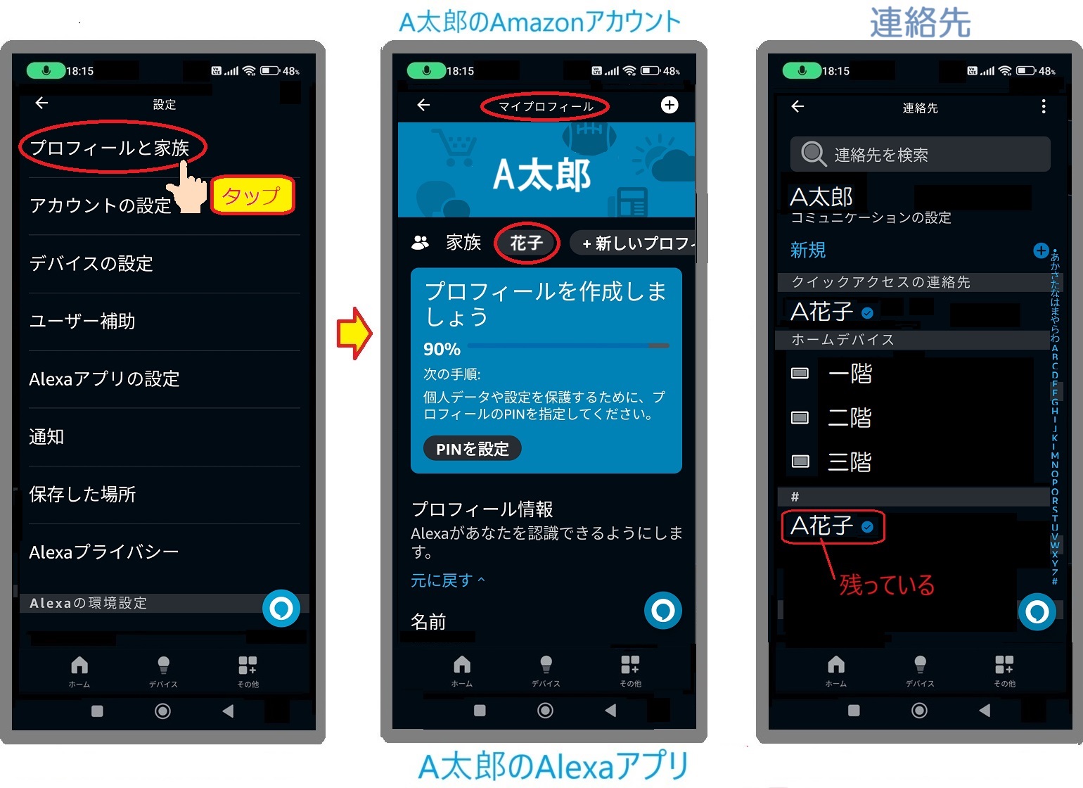 A太郎のAmazonアカウントでログインした太郎のAlexaアプリのプロフィールと家族に花子が表示されていて連絡先にA花子が残っている